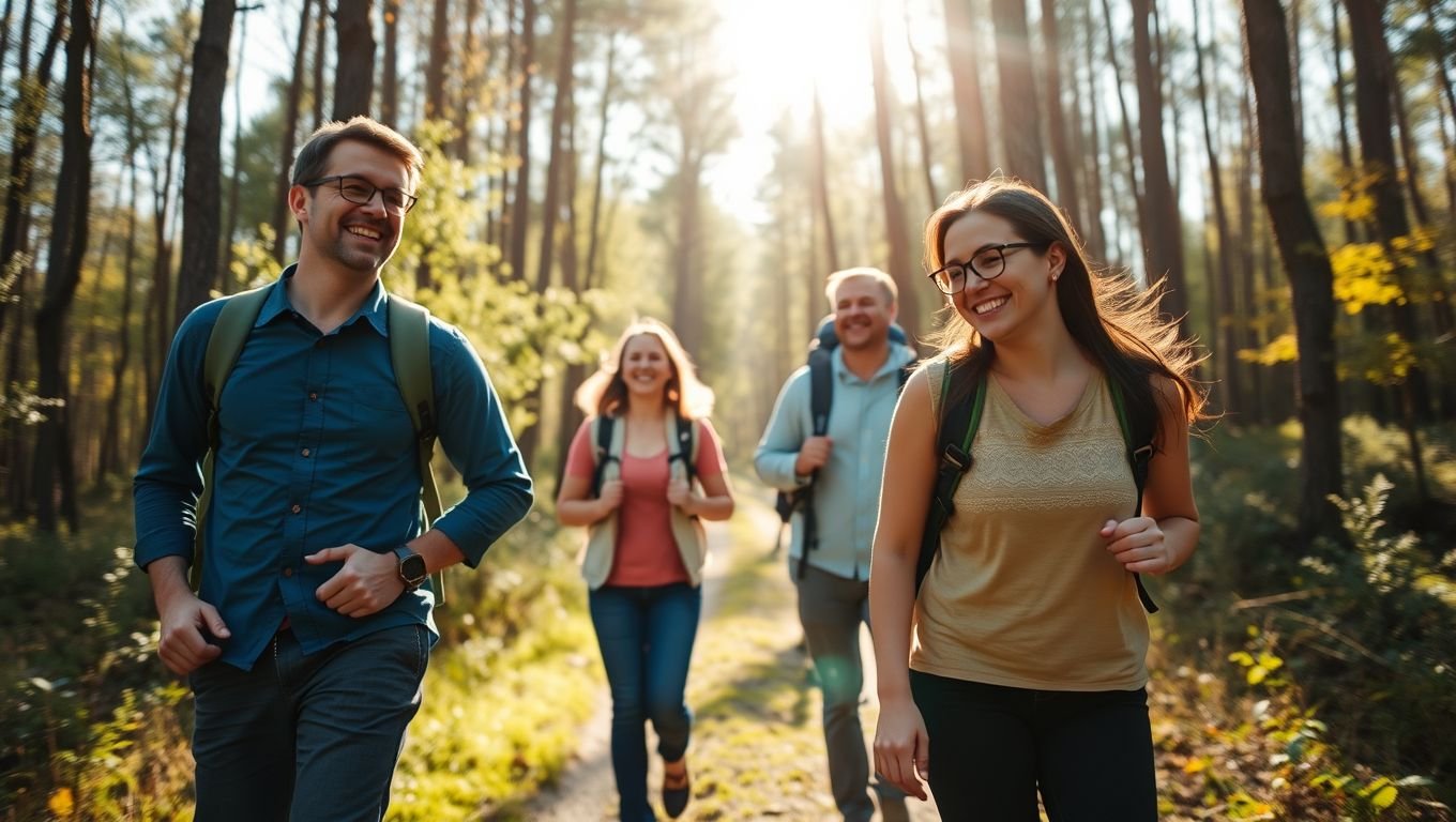 Vier Erwachsene sind gut gelaunt gemeinsam auf einem Waldweg unterwegs